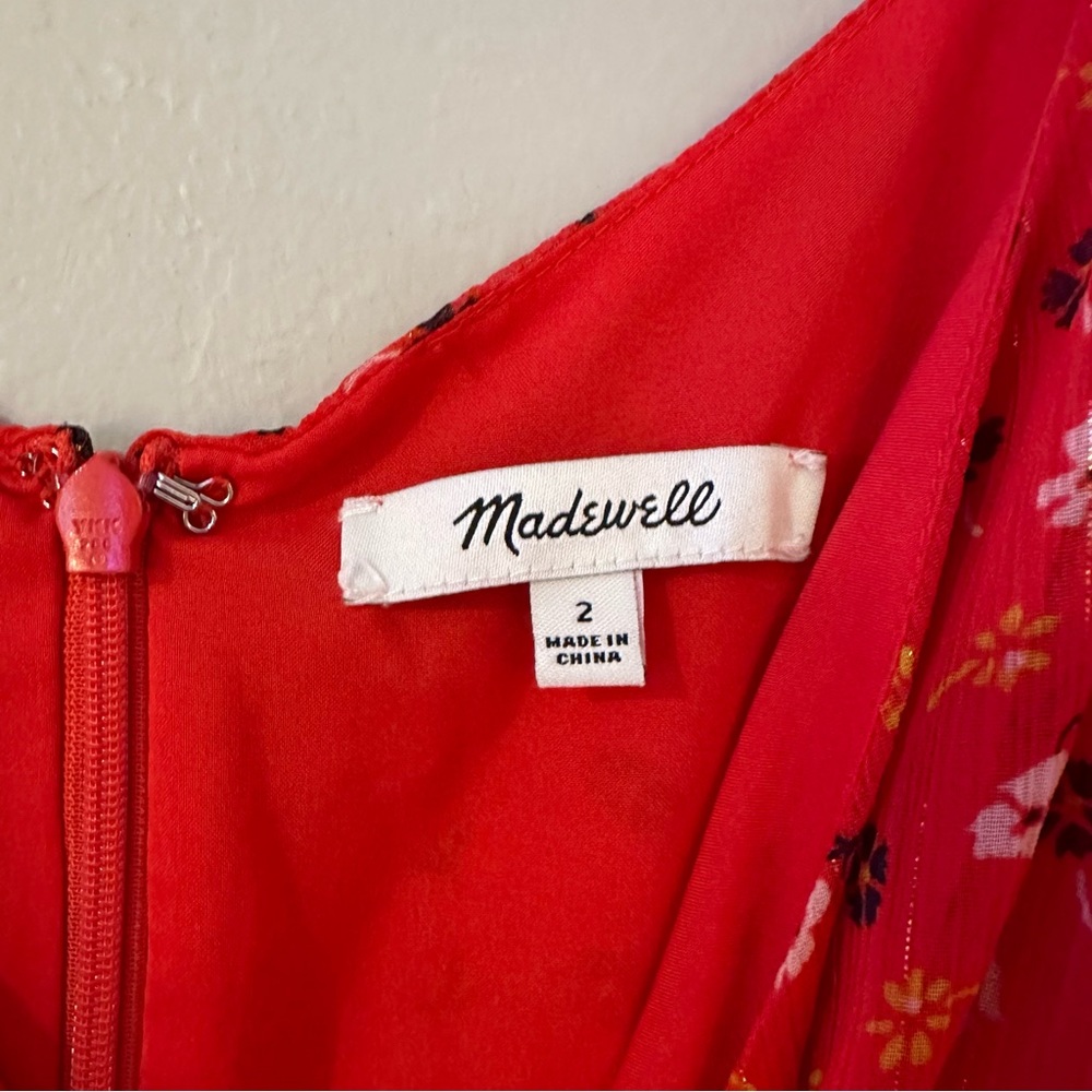 Madewell Ruffle-Strap Wrap Dress Metallic Striped Prairie Posies Red - Picture 3 of 14